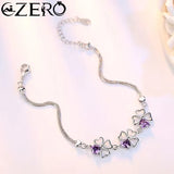 NEW Fine 925 Sterling Silver Purple Crystal Lucky Clover Bracelets for Women Fashion Party Wedding Accessories Jewelry 17CM+4CM