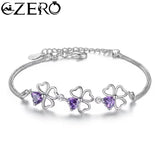 NEW Fine 925 Sterling Silver Purple Crystal Lucky Clover Bracelets for Women Fashion Party Wedding Accessories Jewelry 17CM+4CM